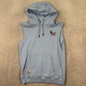 GOAT USA Mens Small Sleeveless Hoodie Light Blue Graphic Print USA Flag Goat